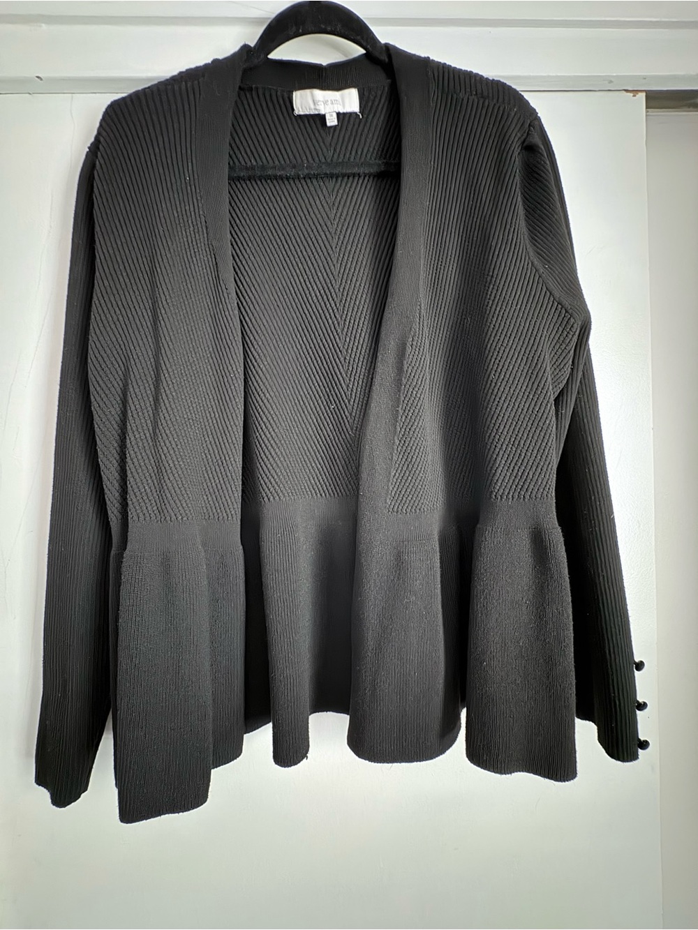 Verve Ami Black Ribbed Open-Front Peplum Cardigan